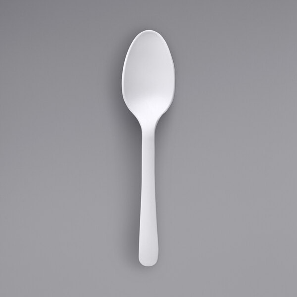 A white Fineline plastic spoon with a black handle.