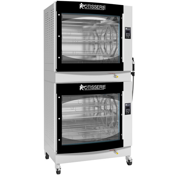 A large white and black Rotisol-France electric rotisserie with glass doors.