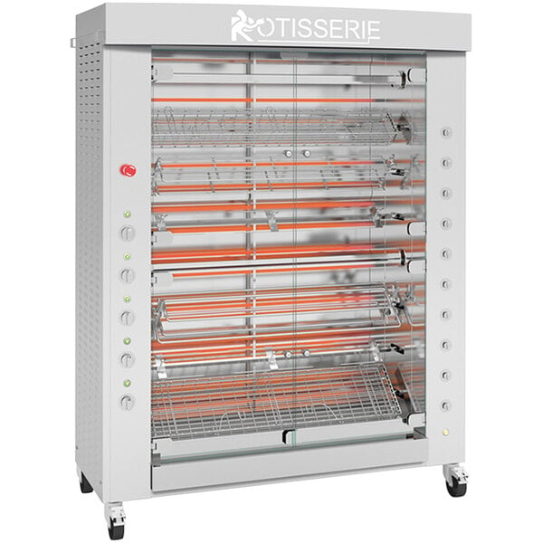 A stainless steel Rotisol-France electric rotisserie with 8 spits.