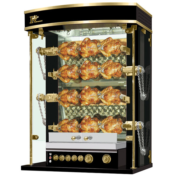 A black and gold Rotisol-France rotisserie with a chicken on a spit.