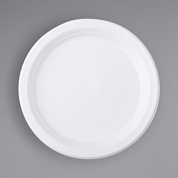 A white Fineline ReForm polypropylene plate with a white rim.