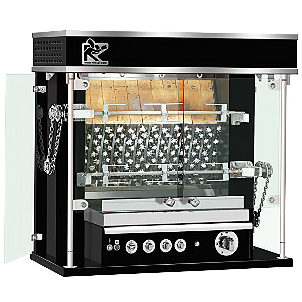 A black and silver Rotisol-France MasterFlame liquid propane rotisserie with a glass door.