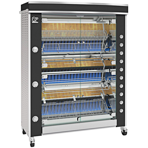 A large stainless steel Rotisol-France natural gas rotisserie with 8 spits.