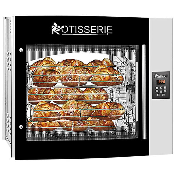 A close-up of chicken cooking in a Rotisol electric rotisserie with 5 baskets.
