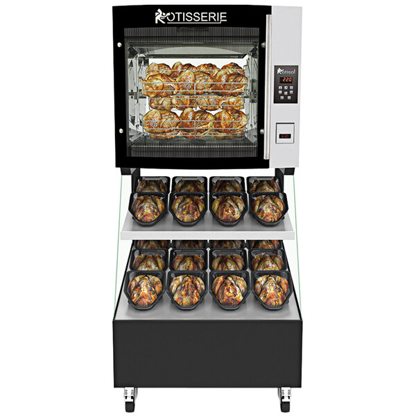 A Rotisol-France electric rotisserie with trays of chicken cooking inside.