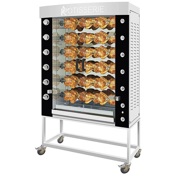 A Rotisol-France natural gas rotisserie oven with 6 racks of chicken.