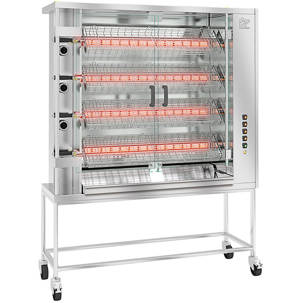 A stainless steel Rotisol-France liquid propane rotisserie with 4 spits.