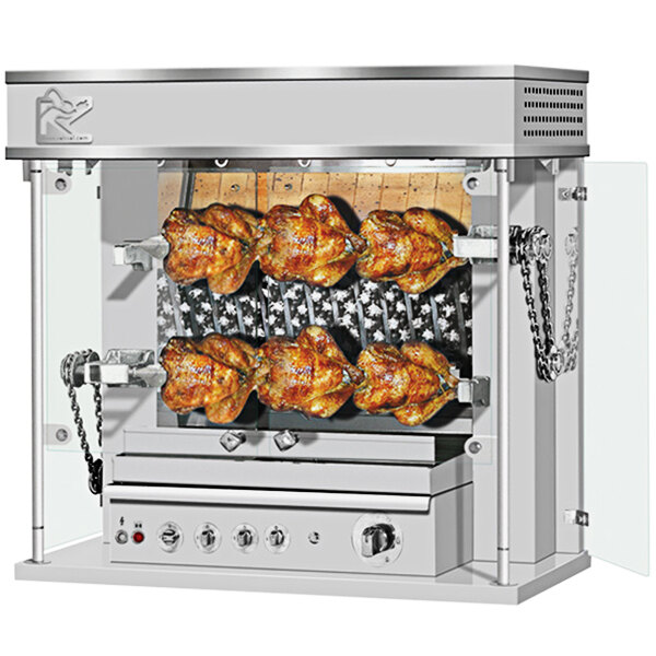 A group of roasted chickens on a Rotisol-France MasterFlame stainless steel rotisserie.
