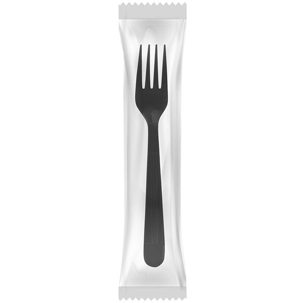 A package of individually wrapped black plastic forks.