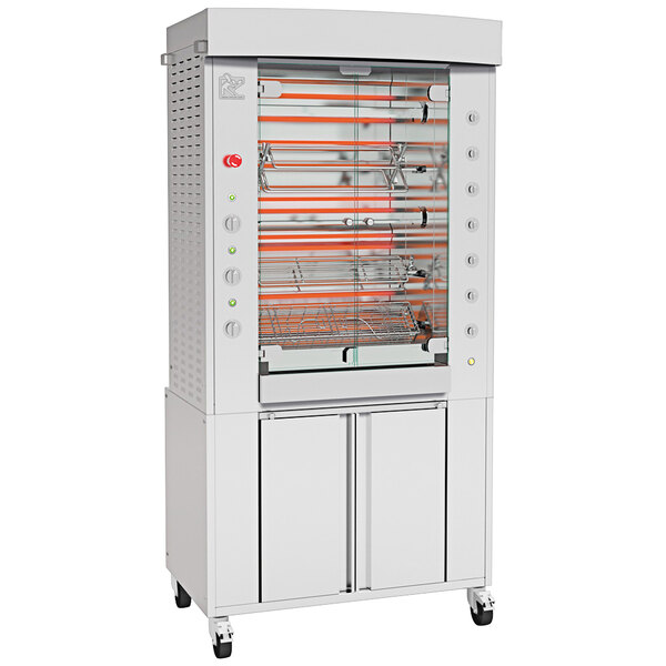 A stainless steel Rotisol-France electric rotisserie with 5 spits.
