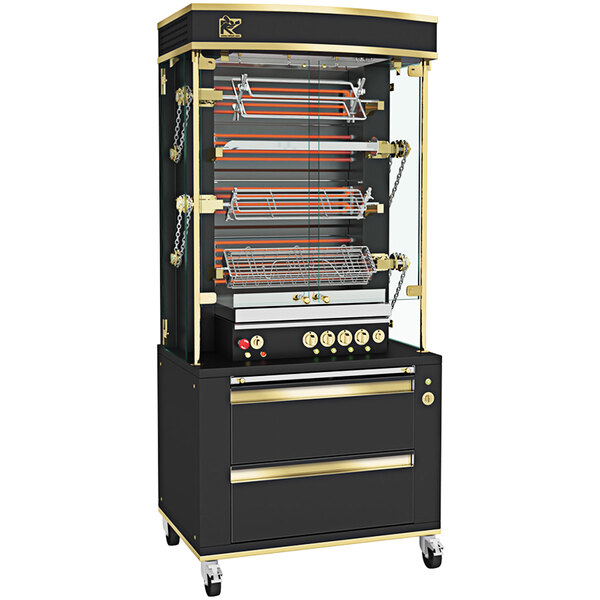 A black and gold Rotisol-France electric rotisserie with brass accents and 4 spits.