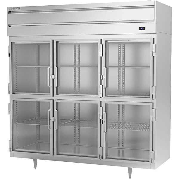 A white Beverage-Air reach-in freezer with glass half doors.