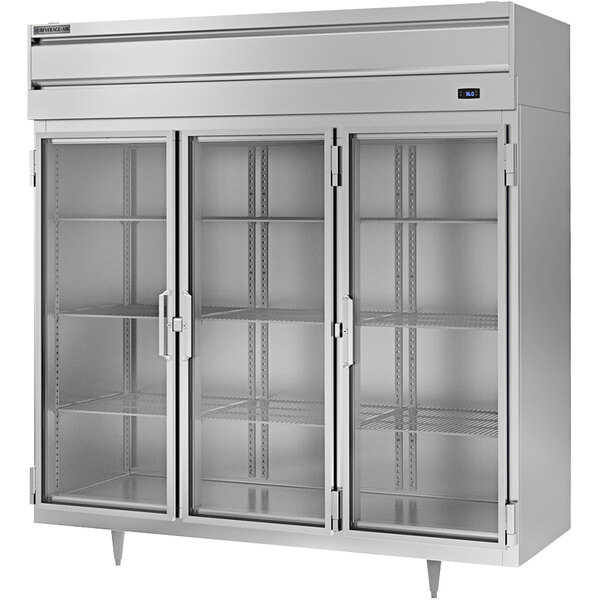 A Beverage-Air reach-in refrigerator with glass doors.
