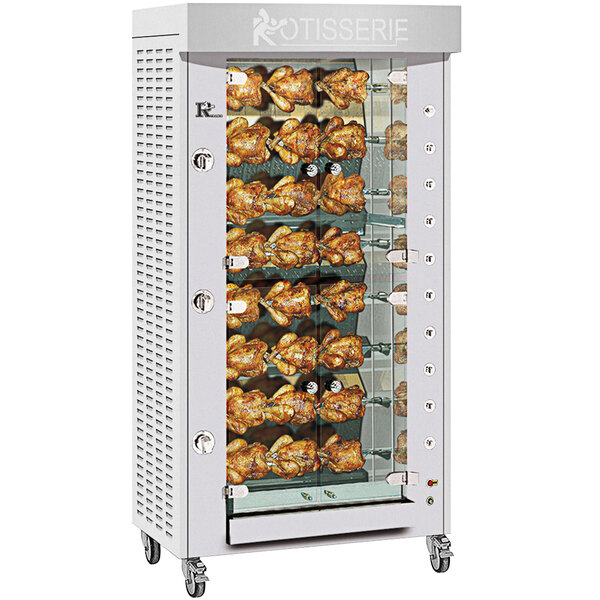 A Rotisol-France stainless steel electric rotisserie with 8 spits holding a chicken.