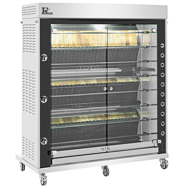 A large stainless steel Rotisol-France natural gas rotisserie with 8 spits.