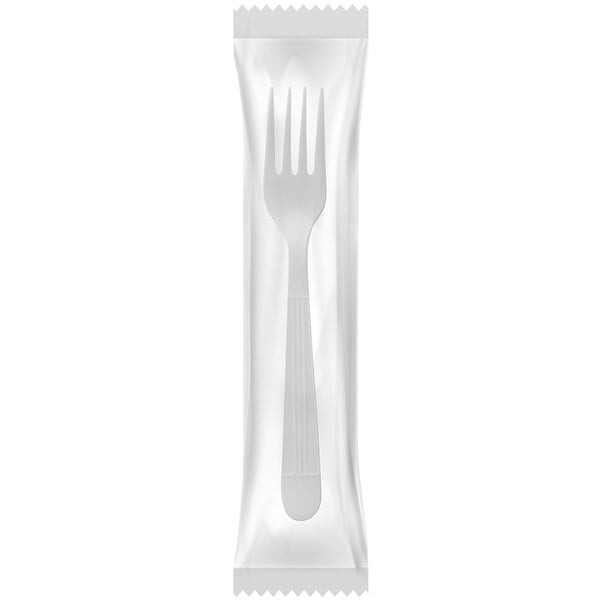 An individually wrapped Fineline ReForm white plastic fork.