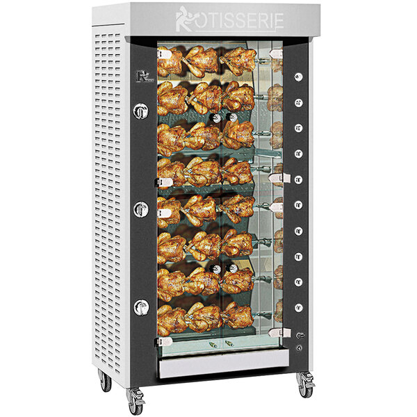 A Rotisol-France GrandFlame liquid propane rotisserie oven with 8 spits holding a chicken.
