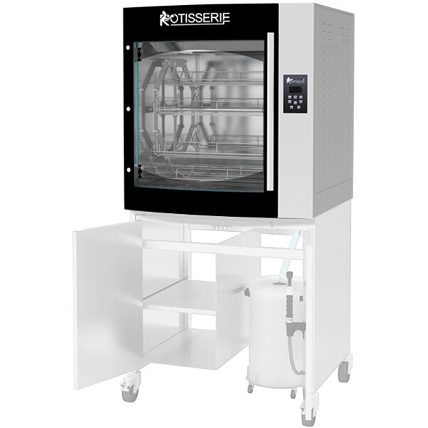 A white and black Rotisol-France electric rotisserie oven with a glass door.
