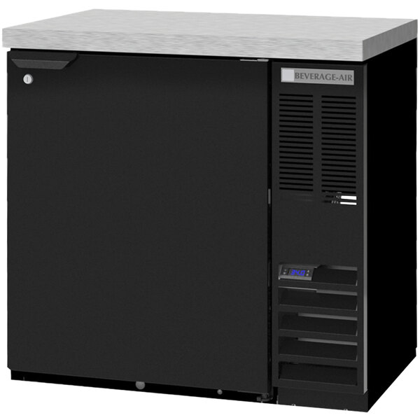 A black Beverage-Air back bar refrigerator with a white food rated solid door.