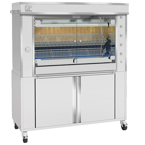 A large stainless steel Rotisol-France GrandFlame rotisserie oven with a glass door.