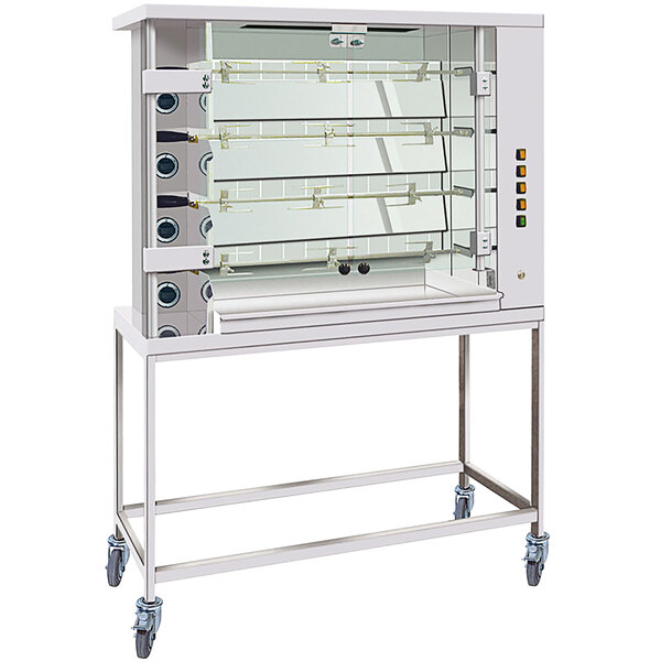 A stainless steel Rotisol rotisserie with glass doors and 4 spits.