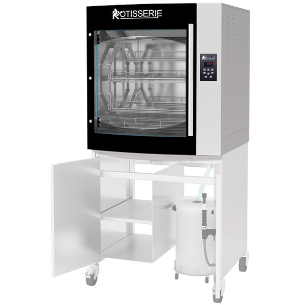 A large white and black Rotisol-France electric rotisserie oven with a glass door.