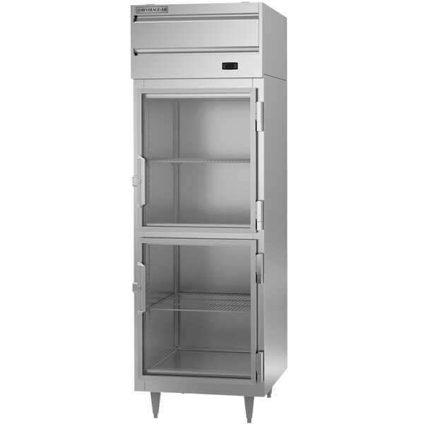 A silver metal Beverage-Air reach-in freezer with glass half doors.