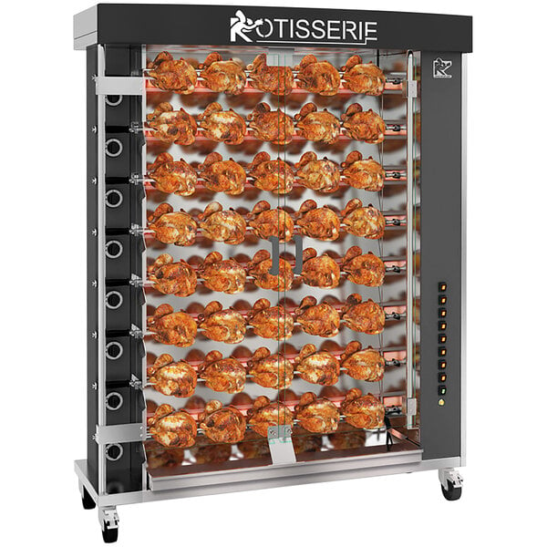 A Rotisol-France natural gas rotisserie oven with 8 spits of chicken roasting.