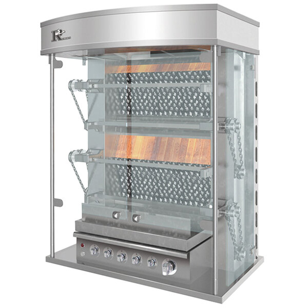 A large stainless steel Rotisol-France MasterFlame rotisserie with a glass front.