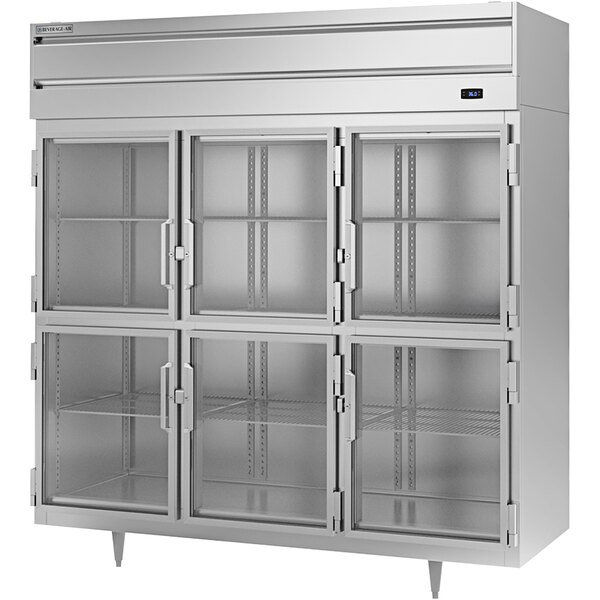 A Beverage-Air white metal reach-in refrigerator with glass half doors.