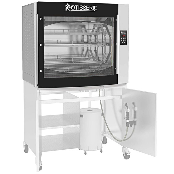A Rotisol electric rotisserie oven with a door open and 8 baskets inside.