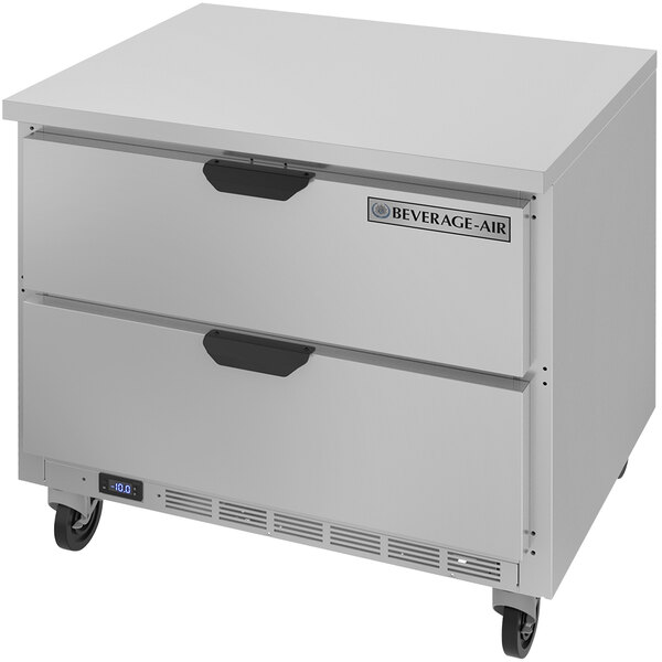 A stainless steel Beverage-Air worktop freezer with two drawers.