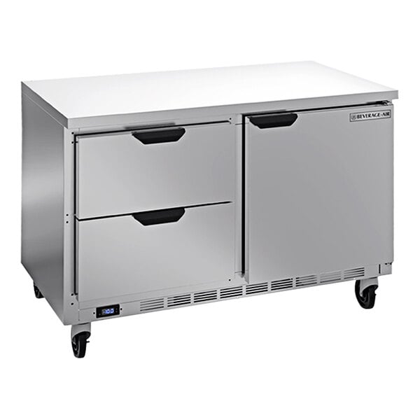 A silver Beverage-Air worktop freezer with two drawers.