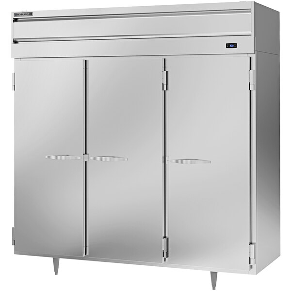 A Beverage-Air reach-in refrigerator with 3 solid doors.