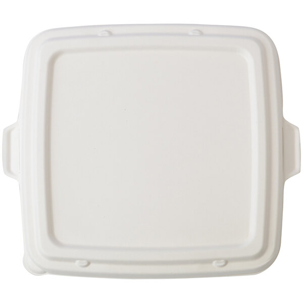 A white bagasse lid on a white square container with handles.