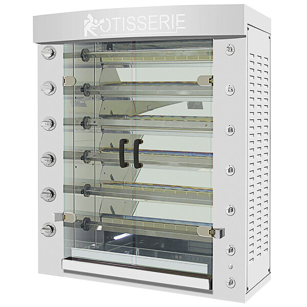 A white stainless steel Rotisol-France FlamBoyant Rotisserie oven with glass doors.