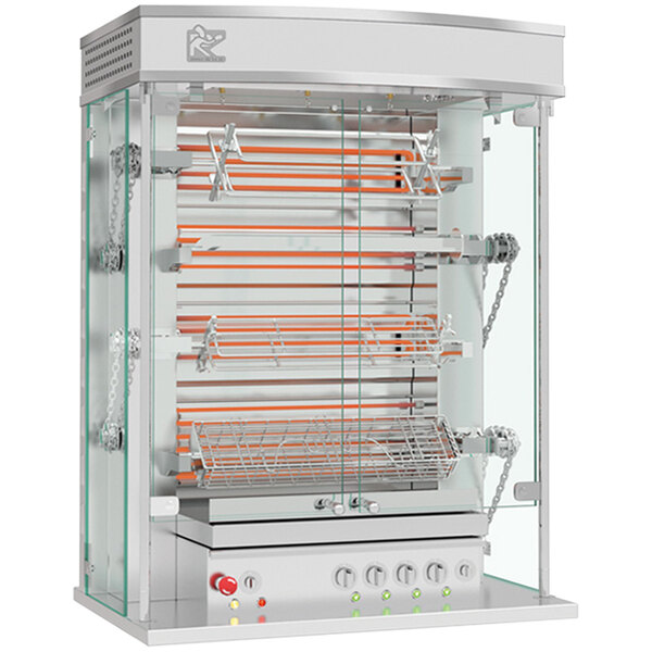 A stainless steel Rotisol France electric rotisserie with 4 spits.