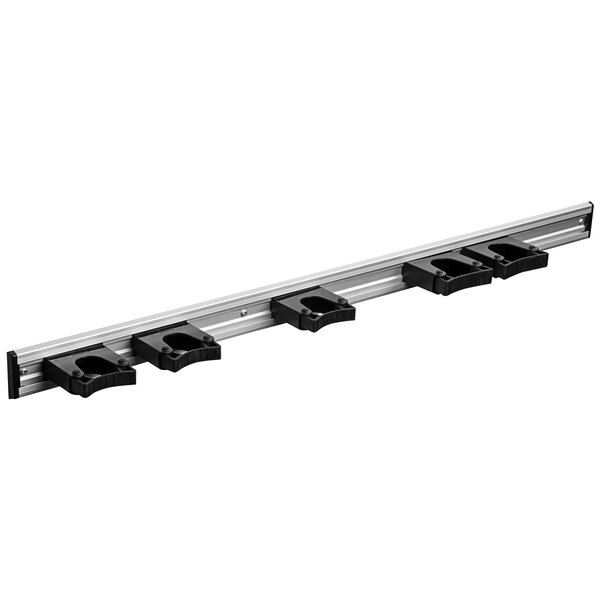 A white metal bar with black plastic Toolflex holders.