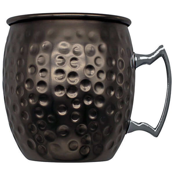 An Arcoroc black metal Moscow Mule mug with a hammered finish and a handle.