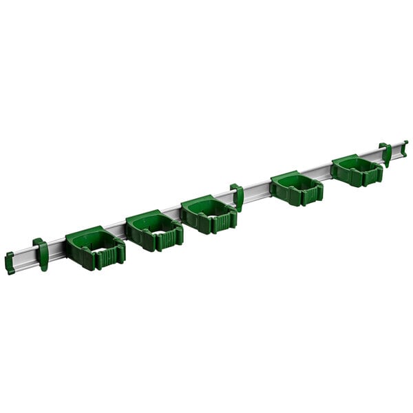 A white plastic Toolflex rack with five green plastic tool holders.