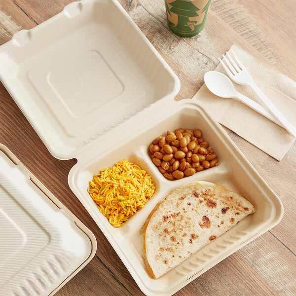 Footprint Bagasse 3-Compartment Take-Out Container 9" x 9" x 3" - 200/Case