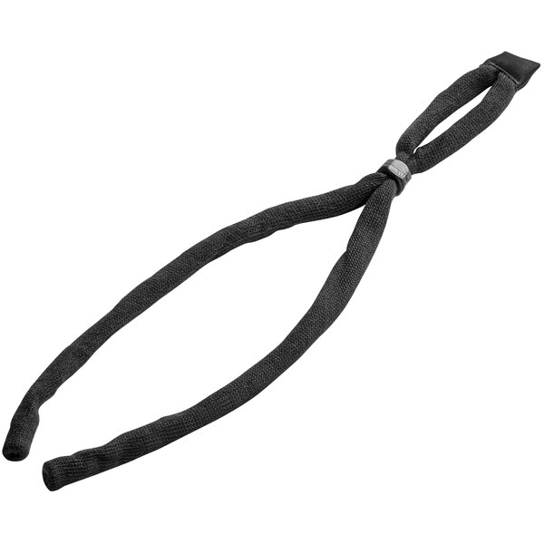A black cotton neck strap with a metal ring.