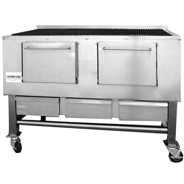 A large stainless steel Champion Tuff Grill with white drawers on wheels.