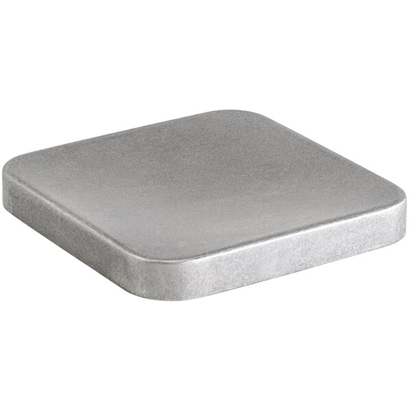 A Room360 square metal plate with an antique brushed stainless steel finish.