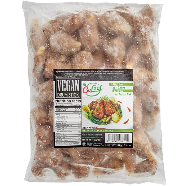 A bag of Beleaf Plant-Based Vegan Chicken Wing Drumsticks with a label.