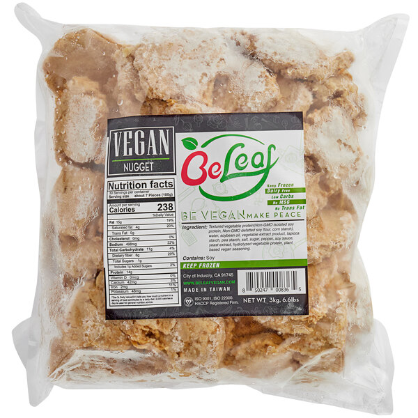 A close up of a package of Beleaf Plant-Based Vegan Chicken Nuggets with a label.