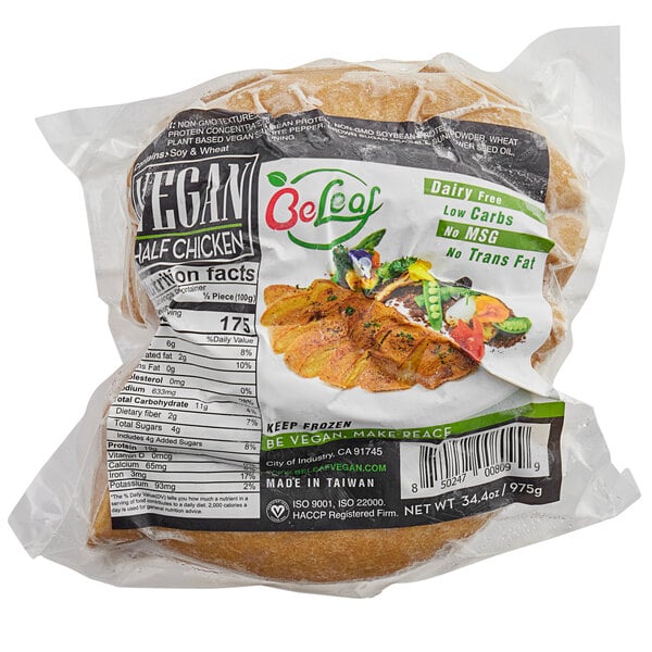 A bag of Beleaf Plant-Based Vegan Half Chicken with a label.