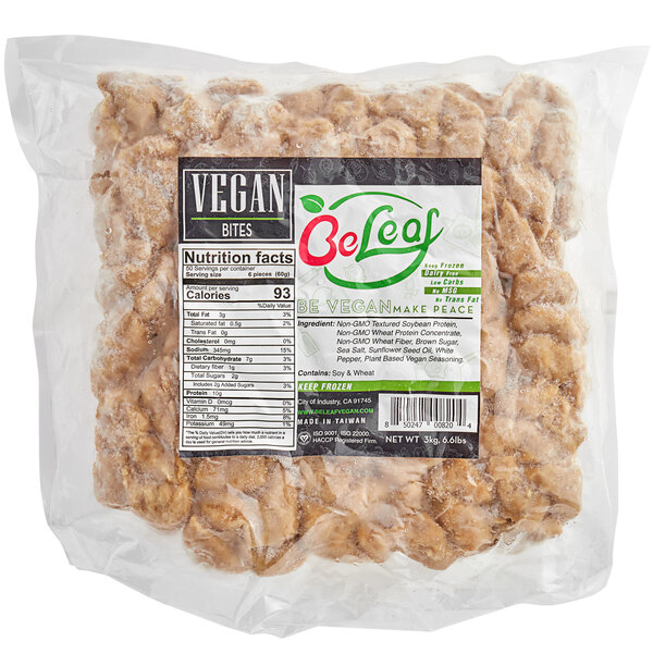 A package of Beleaf Plant-Based Vegan Popcorn Chicken Bites with a label.