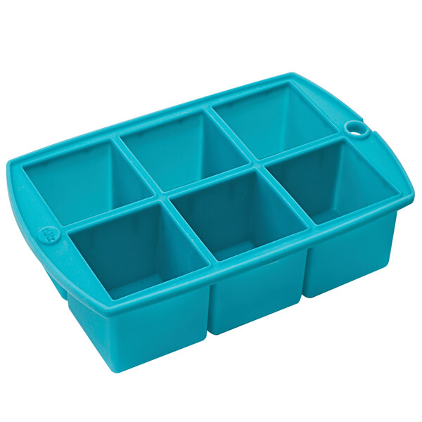 A teal silicone ice mold with six square compartments.