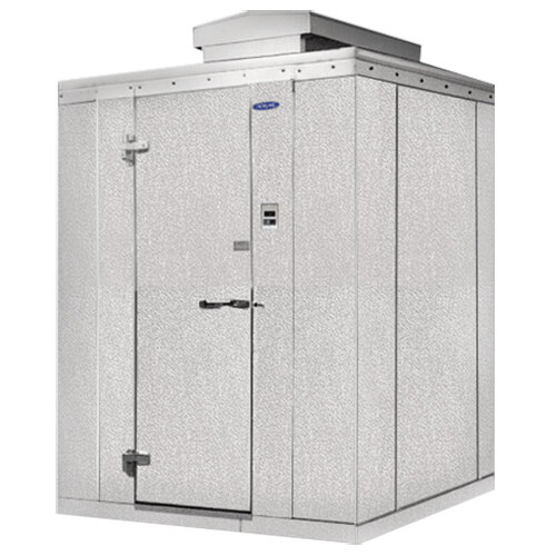 A white metal Norlake walk-in cooler with the door open.